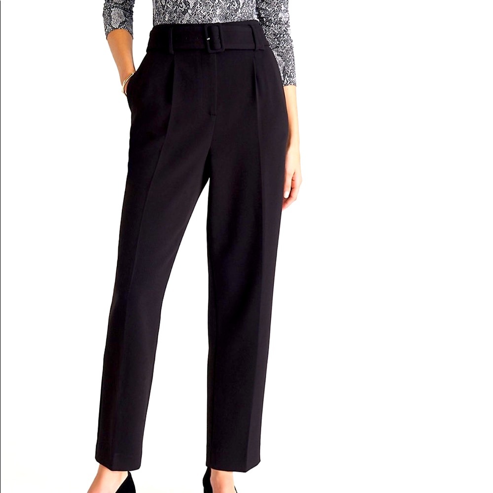 High rise belted ankle black pants